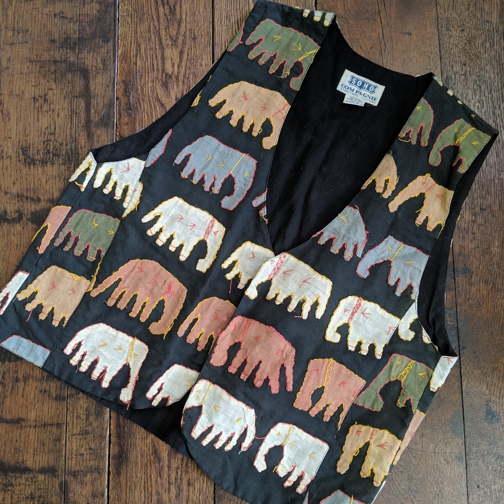 Vintage Elephant Print Embroidered Blue Boho Vest
